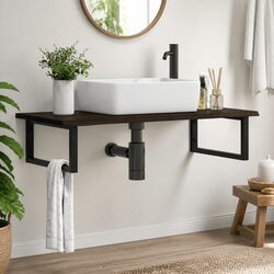Wall Mounted Basin Shelf Bathroom Vanity Unit Steel Oak Wood Storage Floating