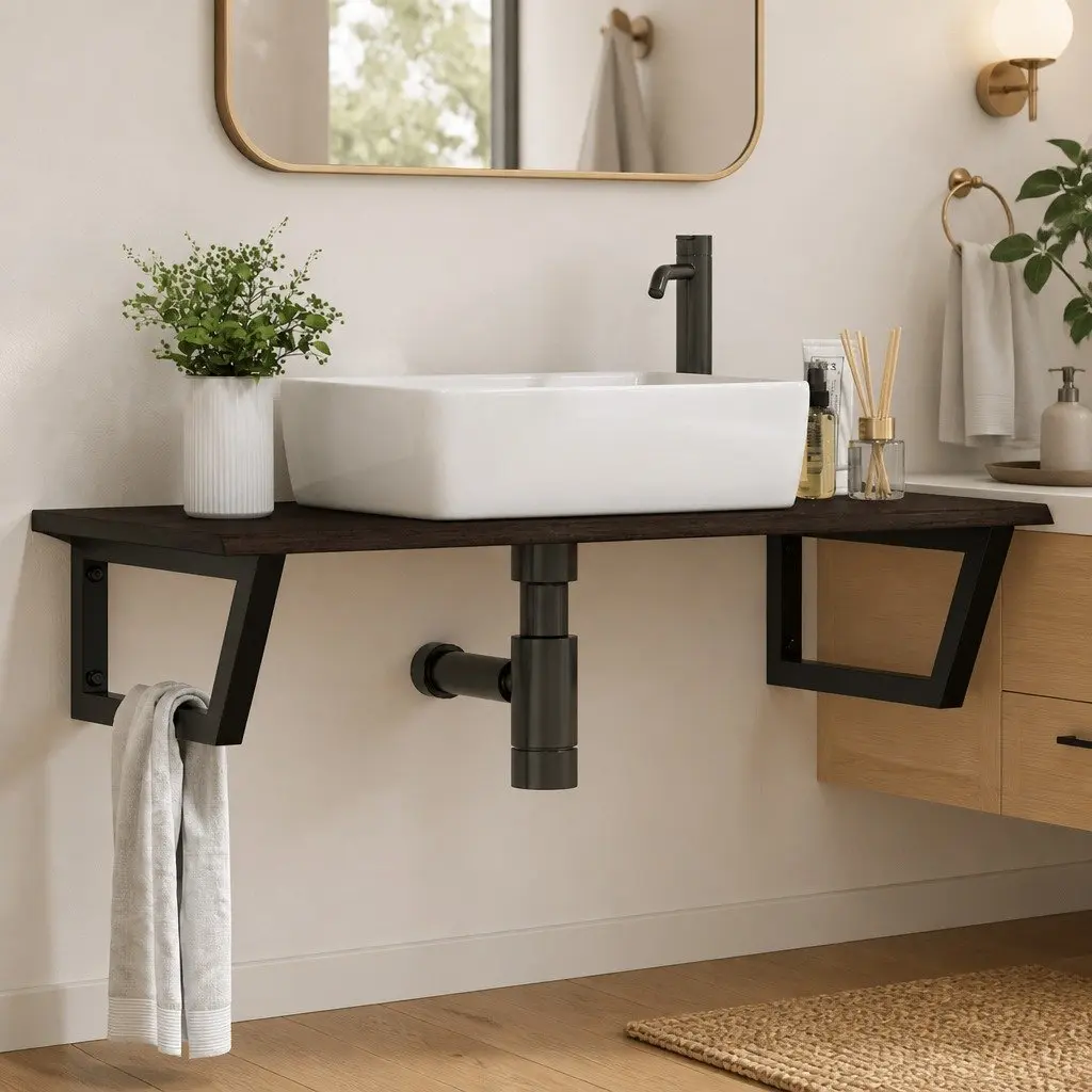 Wall Mounted Basin Shelf Steel Oak Wood Brown Floating