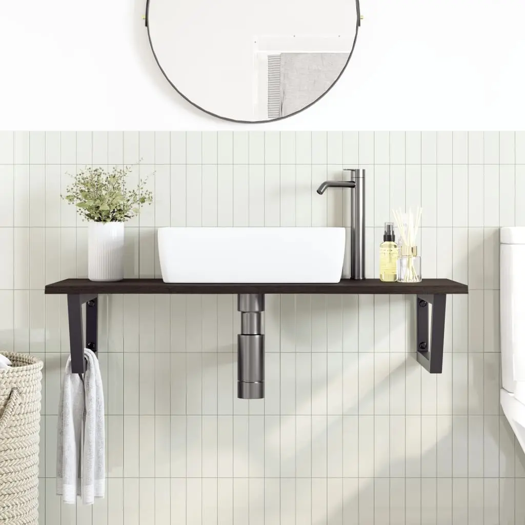 Wall Mounted Basin Shelf Steel Oak Wood Brown Floating