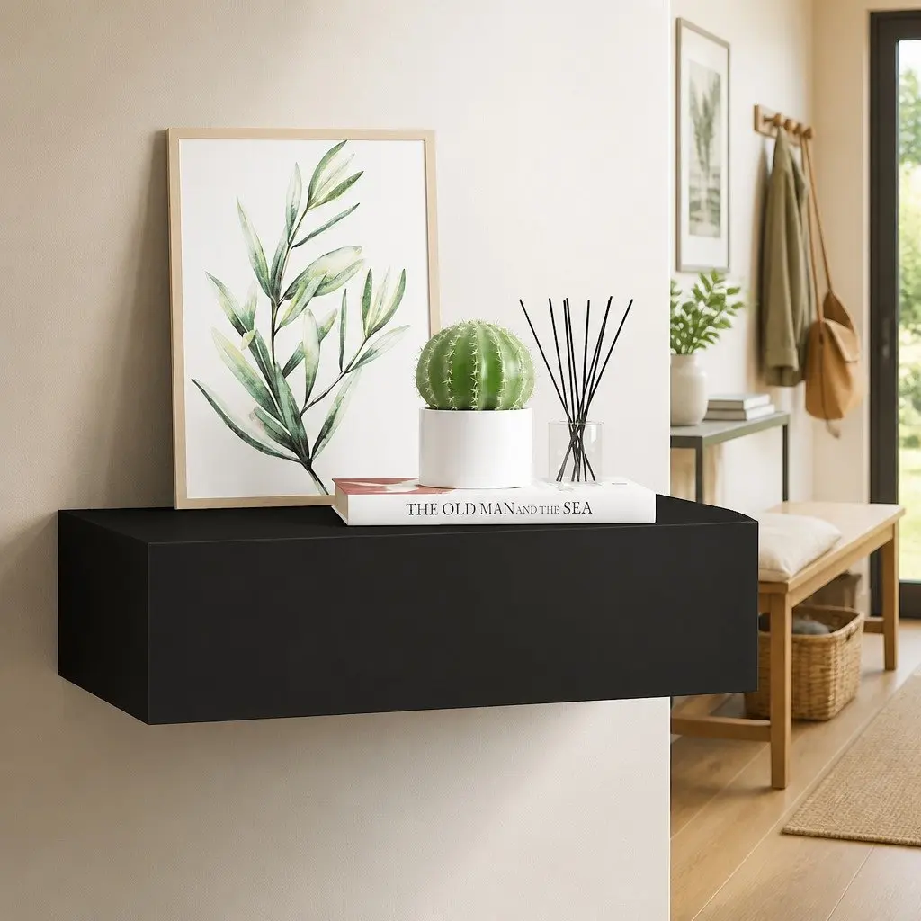 Black Floating Drawer Shelf for Wall Storage 40x23.5x10cm