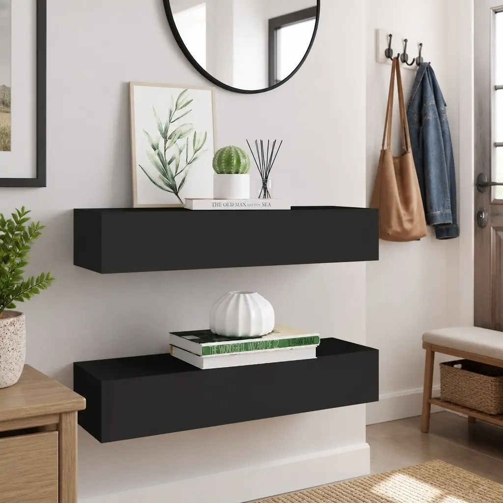 Wall-mounted Drawer Shelves 2 pcs Black Floating Storage Organizer Bedroom