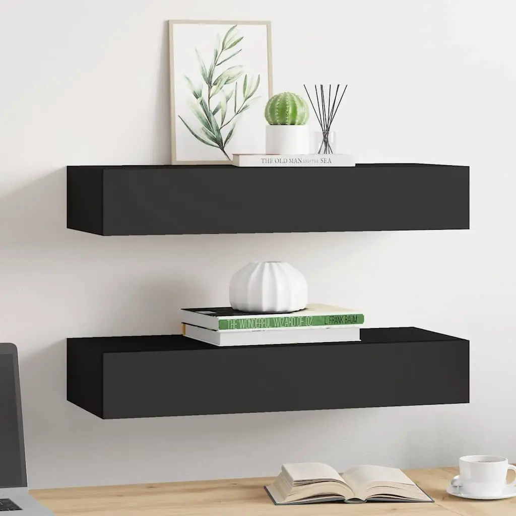 Wall-mounted Drawer Shelves 2 pcs Black Floating Storage Organizer Bedroom