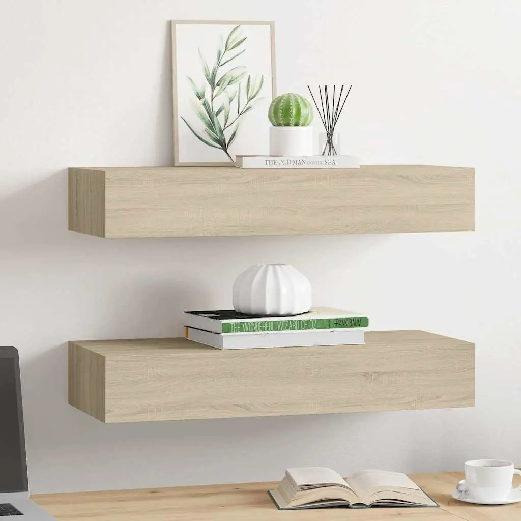 Wall-mounted Drawer Shelves MDF Oak Brown 60x23.5x10cm Set of 2