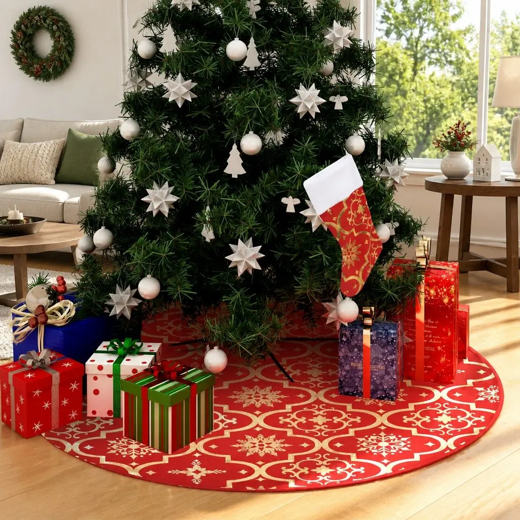 Christmas Tree Skirt Red Snow Pattern 150cm with Matching Sock