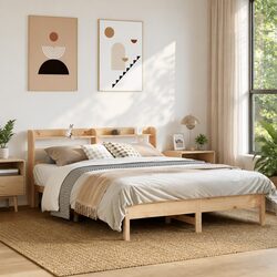 Solid Wood Pine Bed Frame with Storage Headboard 150x200cm