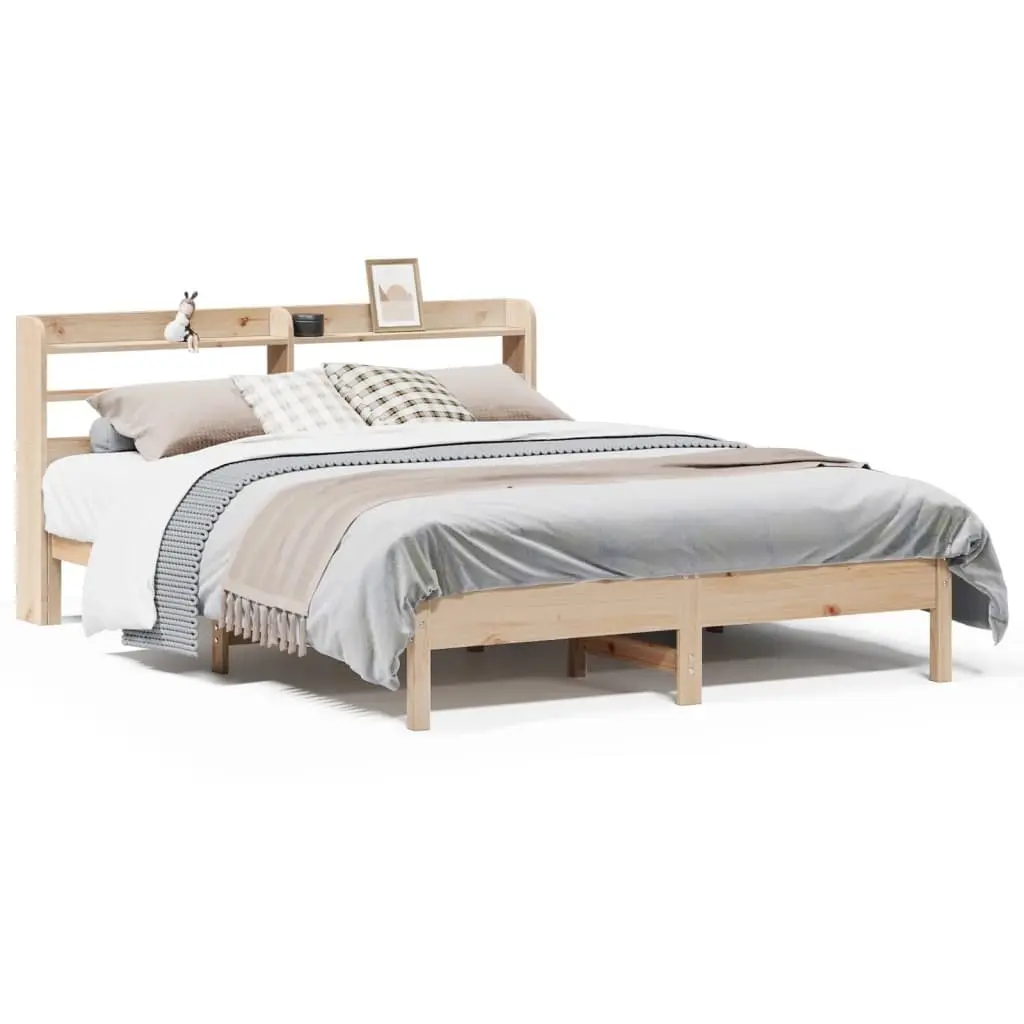Solid Wood Pine Bed Frame with Storage Headboard 150x200cm