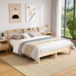 Durable Solid Wood Pine Bed Frame with Headboard and Storage