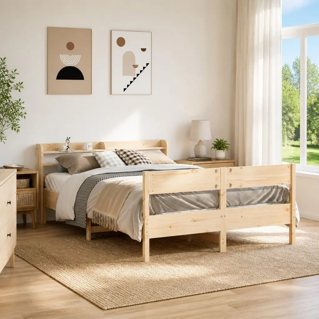 Solid Pine Wood Bed Frame with Storage Shelves 150x200cm