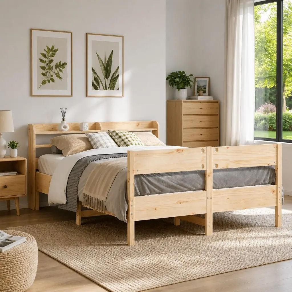 Solid Pine Bed Frame with Headboard and Storage Shelves