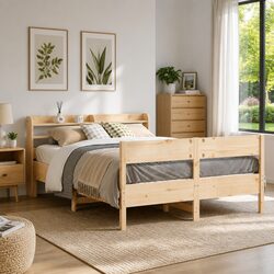 Solid Pine Bed Frame with Headboard and Storage Shelves