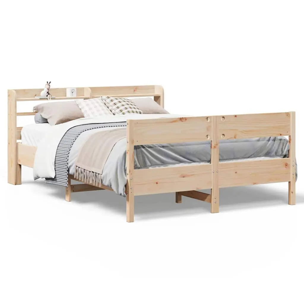 Solid Pine Bed Frame with Headboard and Storage Shelves