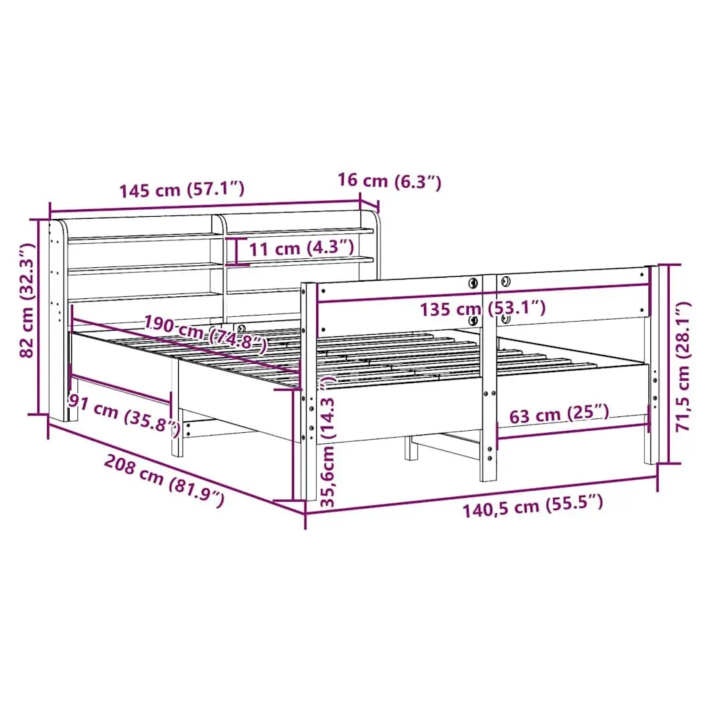 Solid Pine Bed Frame with Headboard and Storage Shelves