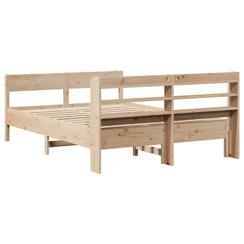 Solid Pine Bed Frame with Headboard and Storage Shelves