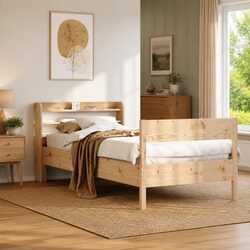 90x190 cm Solid Pine Wood Bed Frame with Storage Shelves