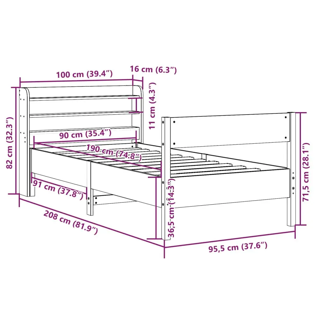 90x190 cm Solid Pine Wood Bed Frame with Storage Shelves