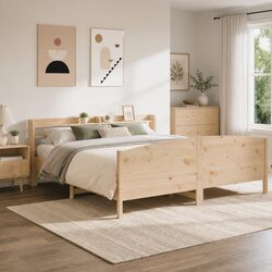 Durable Solid Wood Pine Bed Frame with Headboard Shelves
