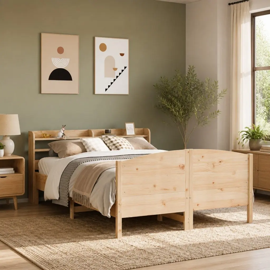 Solid Wood Pine Bed Frame with Storage Shelves