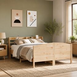 Durable Solid Wood Pine Bed Frame with Storage Shelves