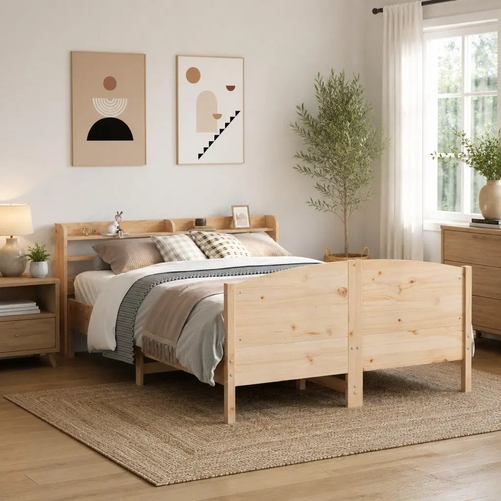 Solid Pine Wood Bed Frame with Slatted Base and Shelves