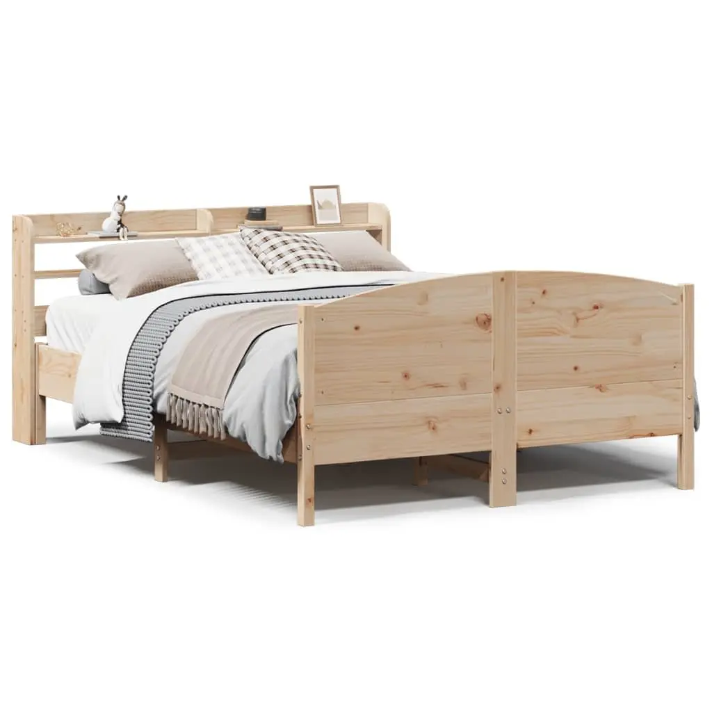 Solid Pine Wood Bed Frame with Slatted Base and Shelves