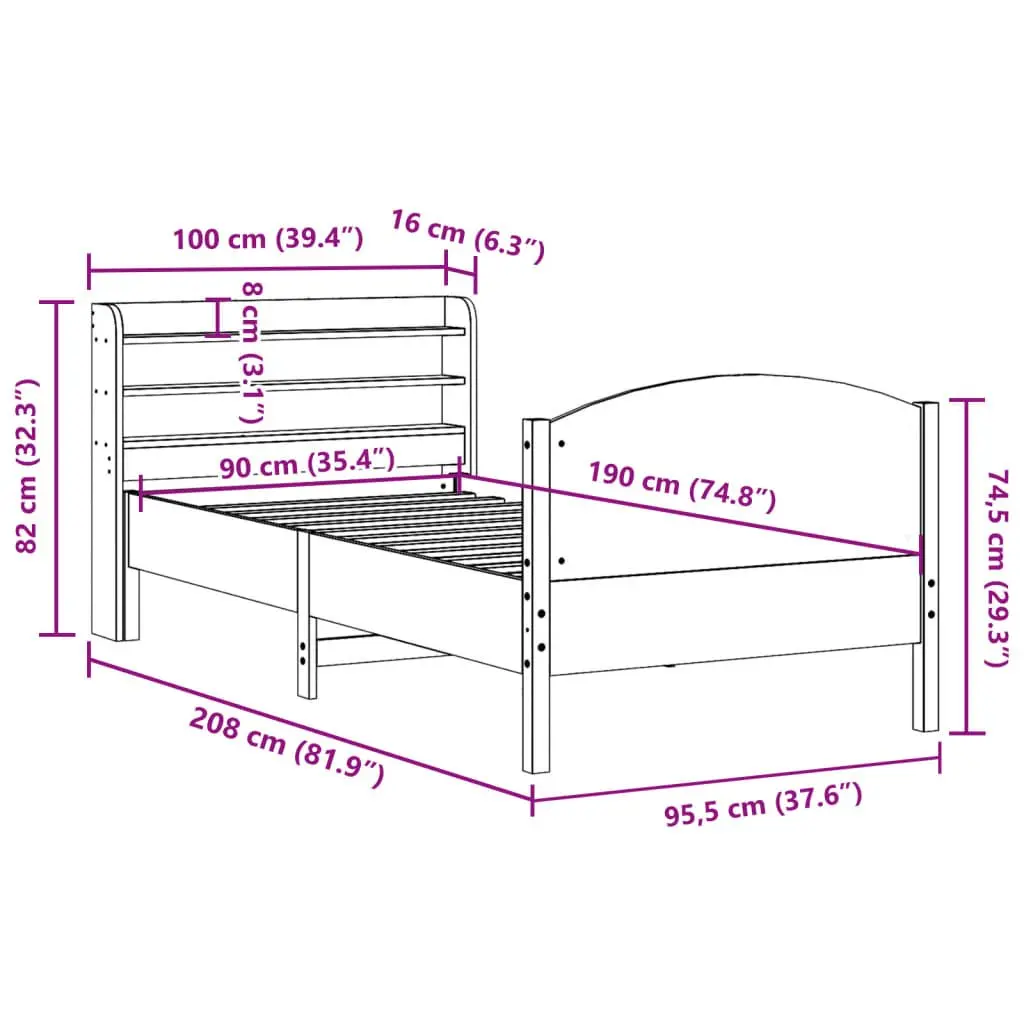 Solid Pine Bed Frame with Headboard Storage, 90x190 cm