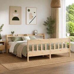 Solid Pinewood Bed Frame with Storage Shelves 180x200 cm
