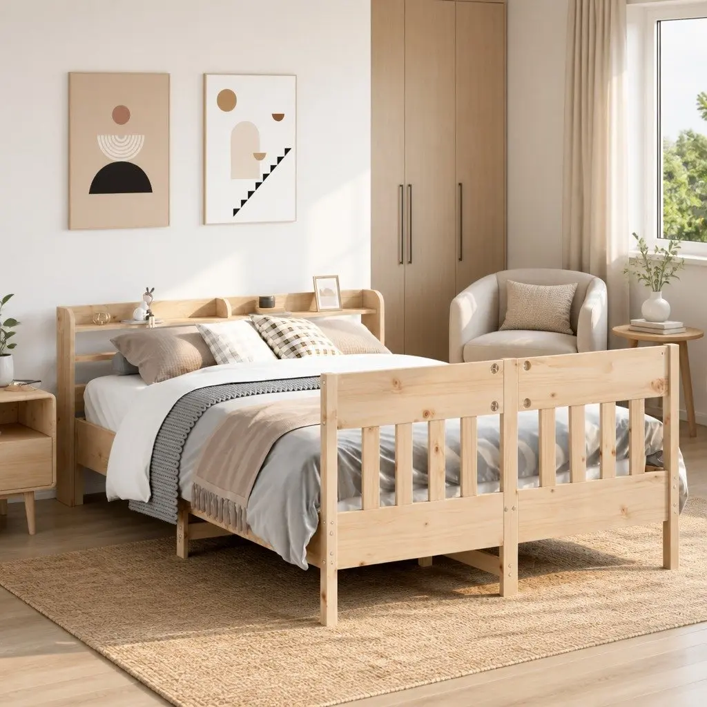 Solid Wood Pine Bed Frame with Headboard Shelves