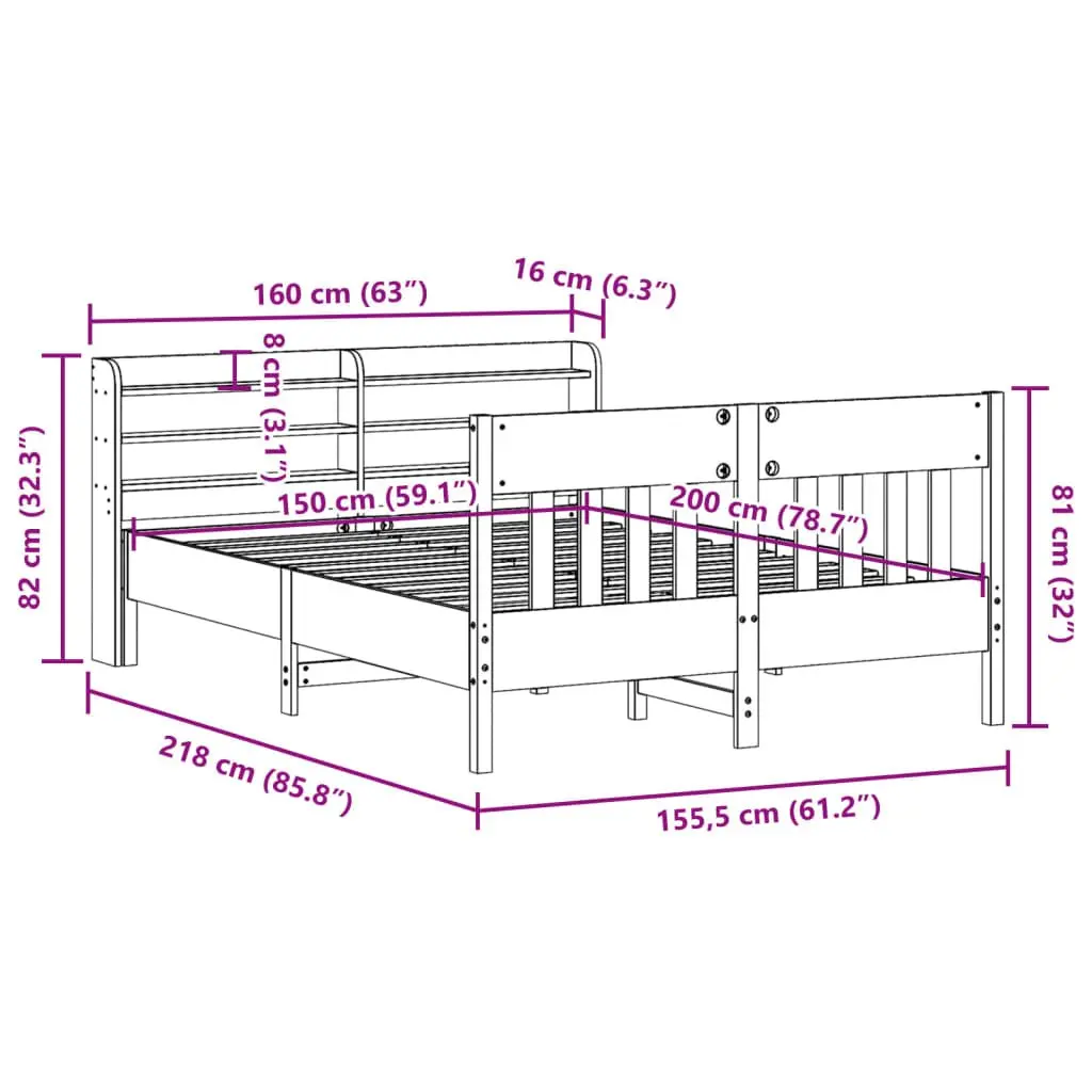 Solid Wood Pine Bed Frame with Headboard Shelves