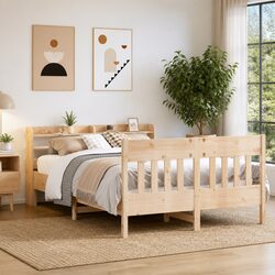 Durable Solid Pine Bed Frame with Headboard Storage 135x190 cm