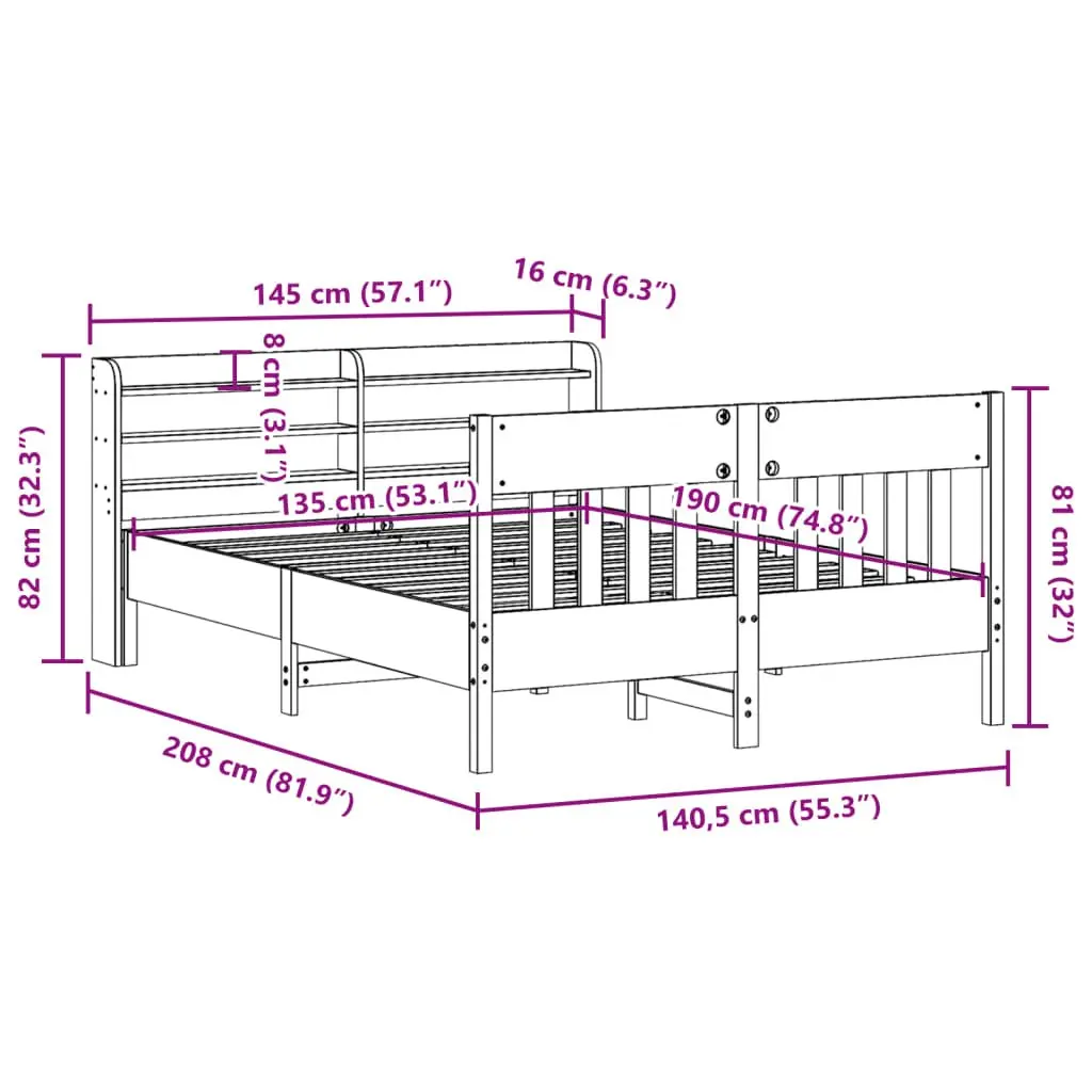 Solid Pine Bed Frame with Headboard Storage 135x190 cm