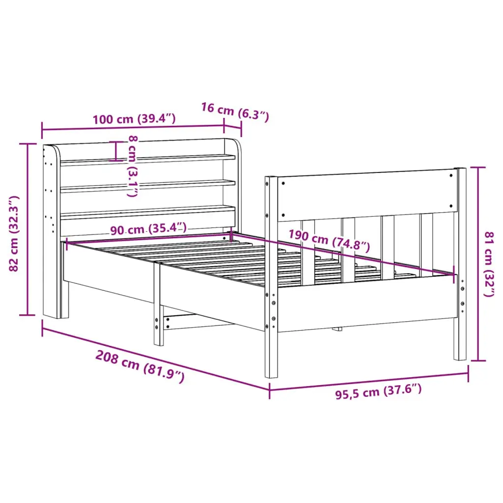 Solid Wood Pine Bed Frame 90x190 cm with Shelves