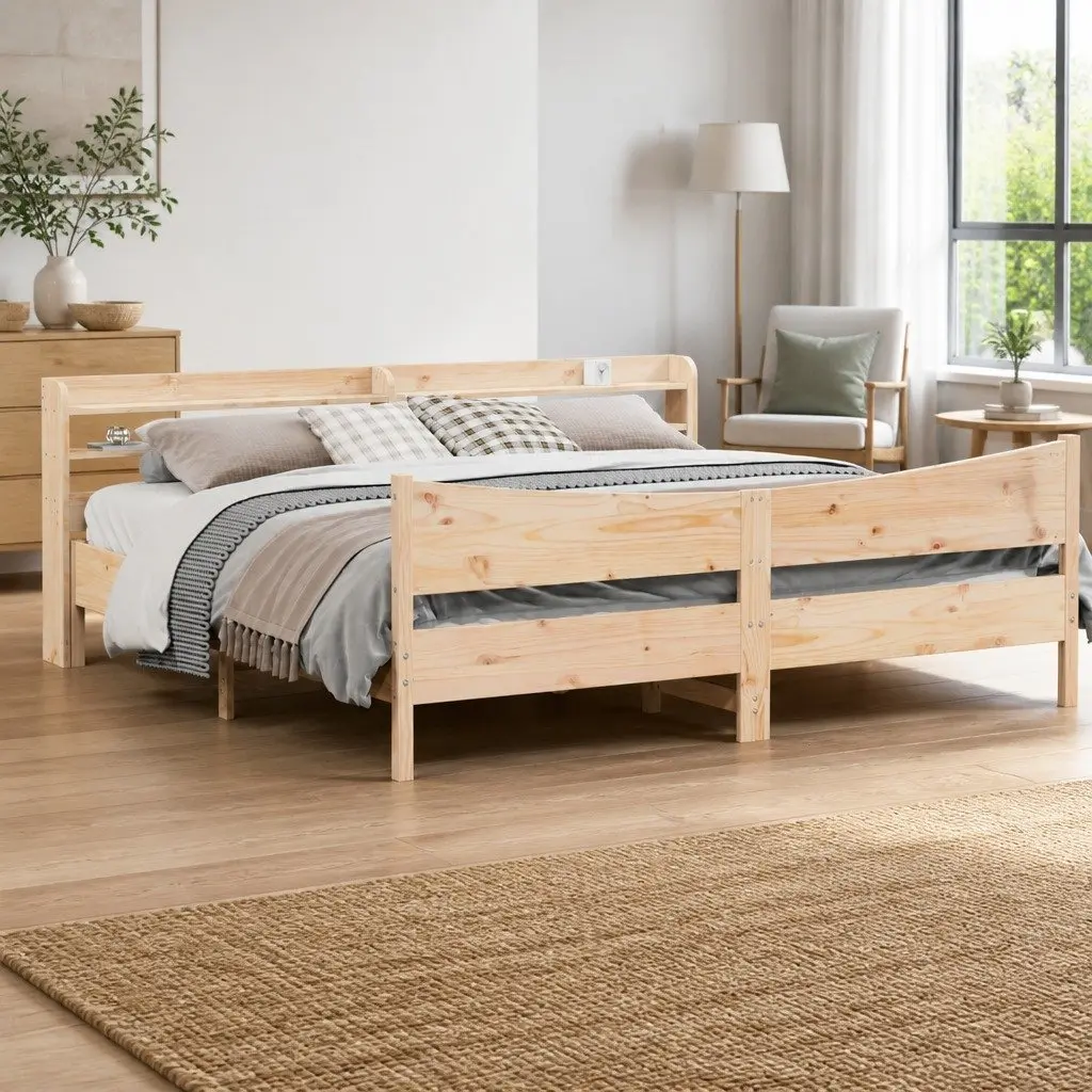 Brown Bed Frame with Headboard Storage 180x200cm