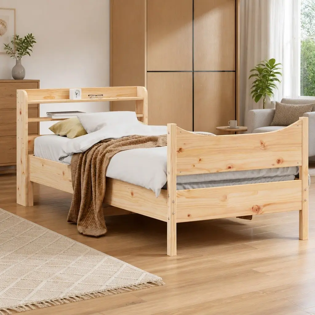 Solid Pine Bed Frame 90x200 cm with Headboard
