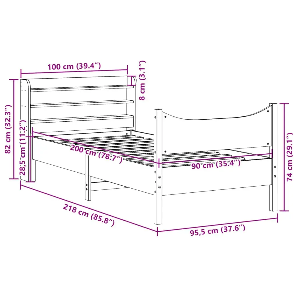 Solid Pine Bed Frame 90x200 cm with Headboard