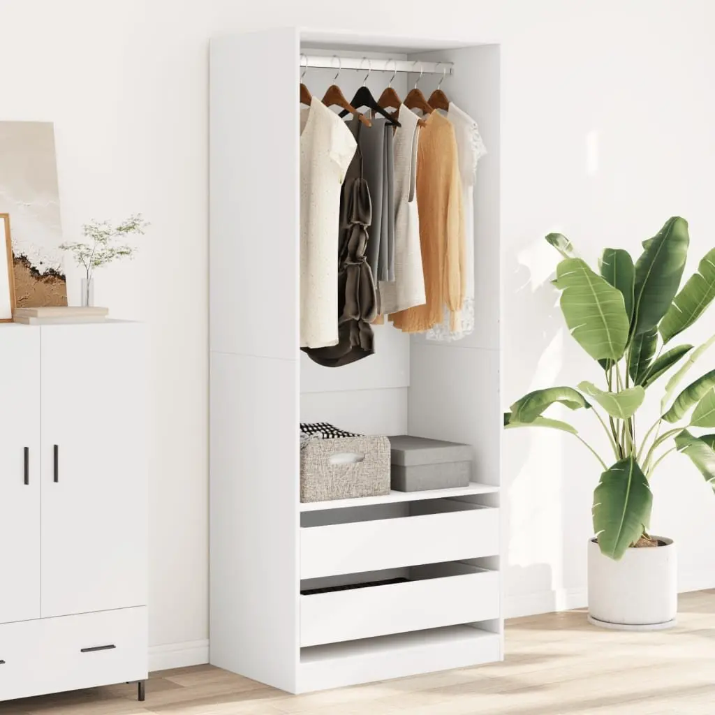 Wardrobe Engineered Wood 80x50x200cm White Storage Cabinet 1 Compartment 2 Drawers