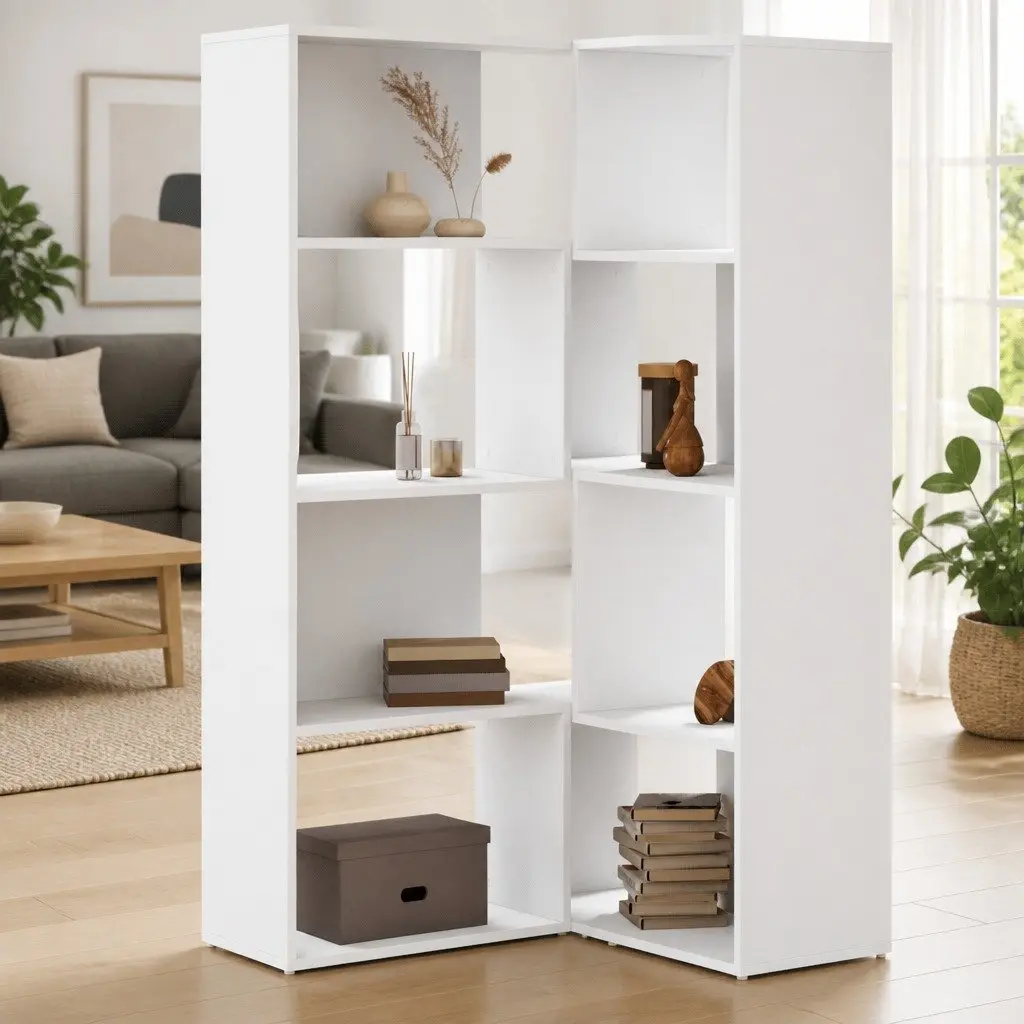 4-Tier White Corner Bookcase, Engineered Wood