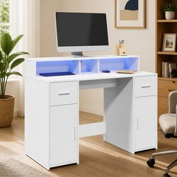 Engineered Wood White LED Desk with RGB Lighting