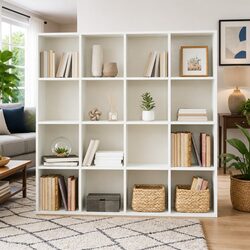 Stylish White Book Cabinet 137.5x29x137.5 cm with 16 Compartments