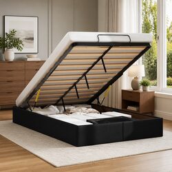 King Single Ottoman Storage Bed Frame in Black Faux Leather