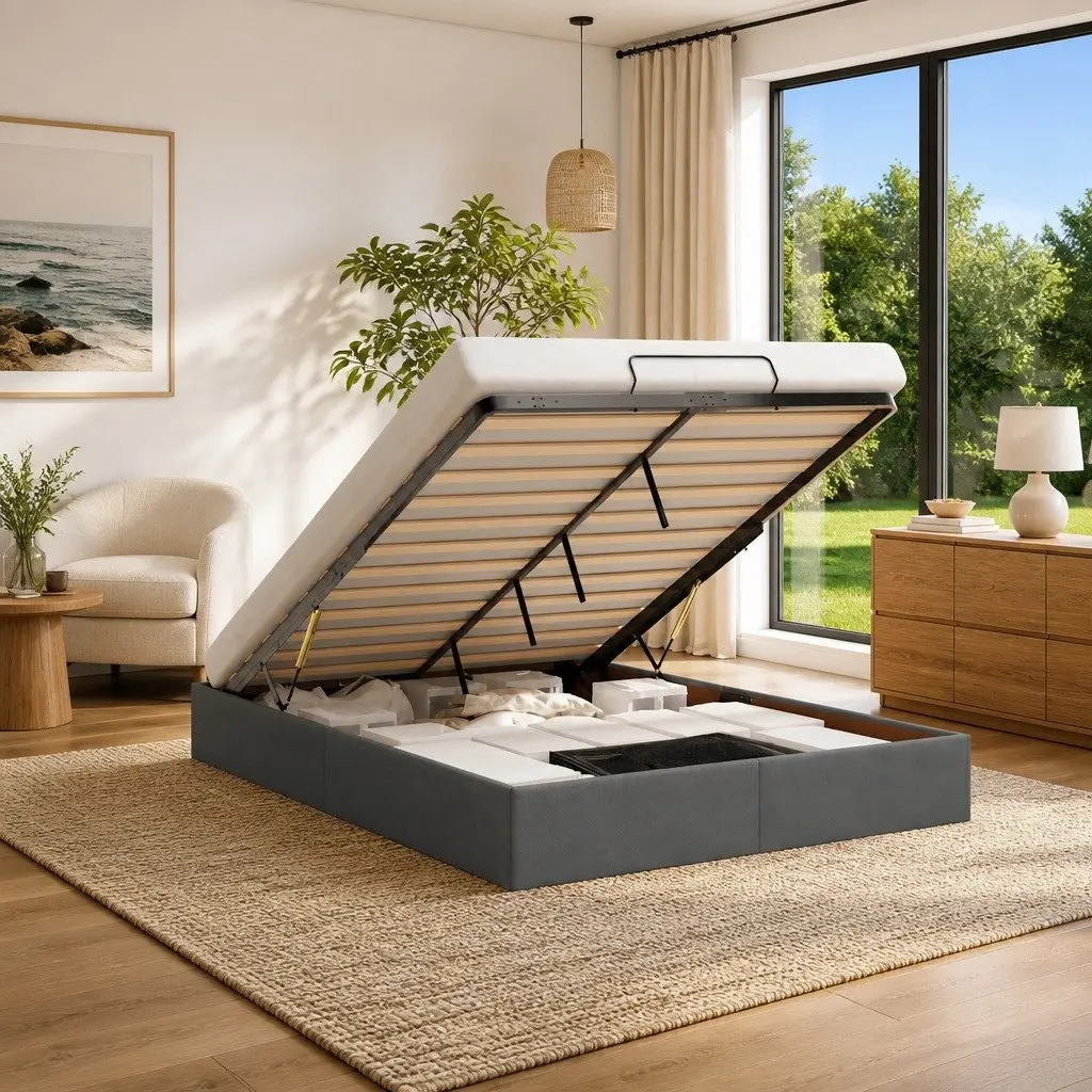 Ottoman Storage Bed Frame Polyester Fabric Queen Grey Lift-Up Base