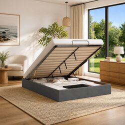 Grey Fabric Ottoman Storage Bed Frame with Lift-Up Base