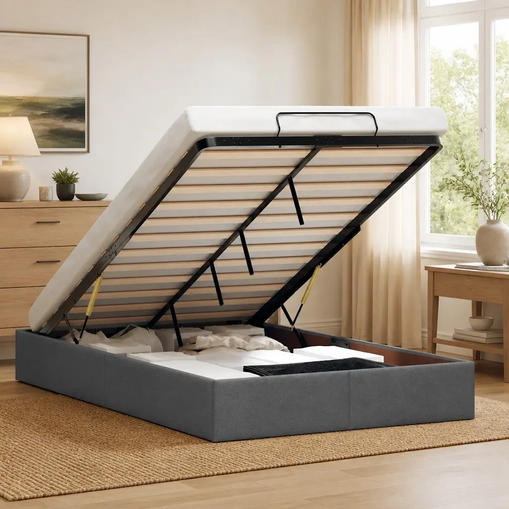 Grey Fabric Ottoman Storage Bed Frame King Single