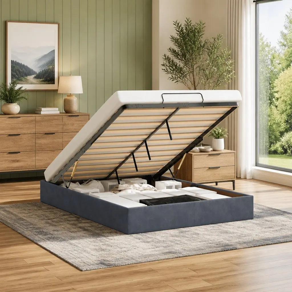 Grey Velvet Double Ottoman Bed Frame with Lift