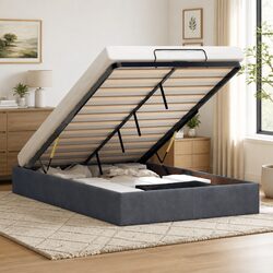 Sturdy King Single Velvet Grey Ottoman Bed Frame with Storage