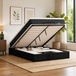 Queen Black Faux Leather Ottoman Storage Bed with Mattress