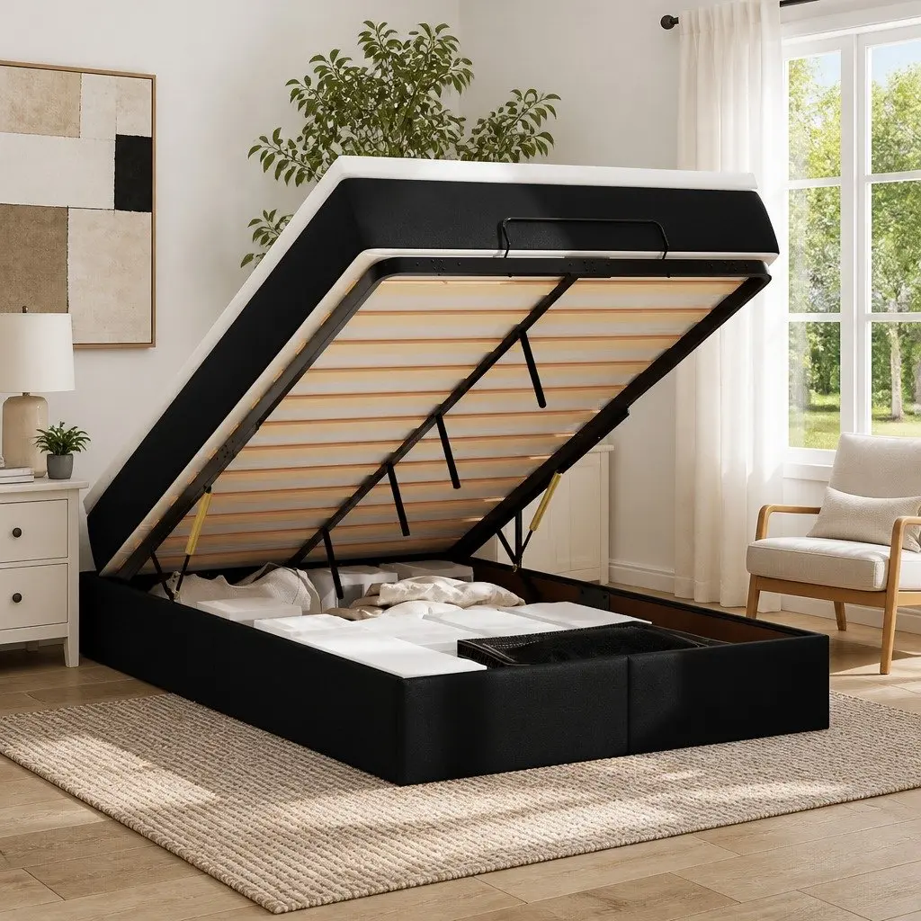 Super Single Ottoman Storage Bed in Black Faux Leather