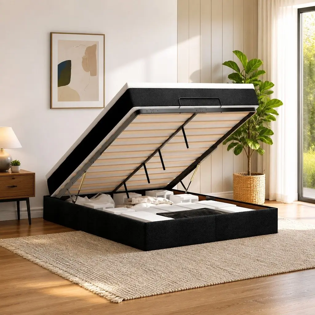 Double Ottoman Bed Polyester Fabric Black with Pocket Spring Mattress