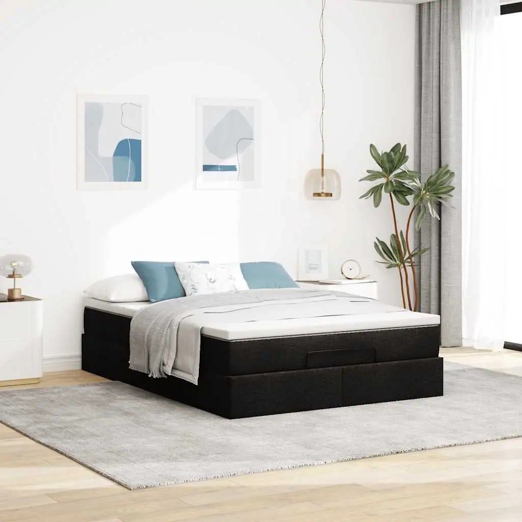 Double Ottoman Bed Polyester Fabric Black with Pocket Spring Mattress
