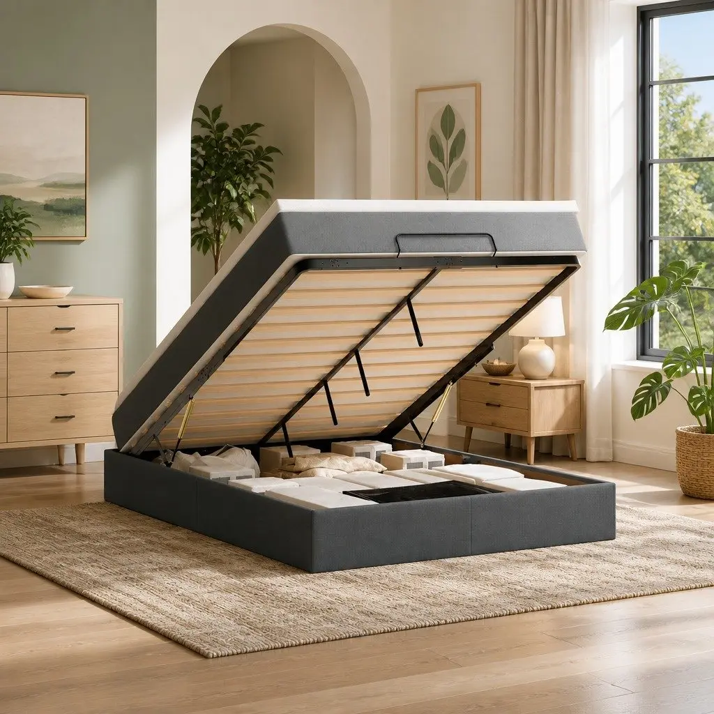 Ottoman Bed Pocket Spring Mattress Queen Grey Fabric Storage Lift Base