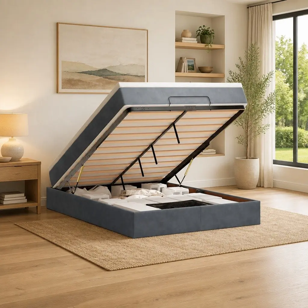 Ottoman Bed Double Velvet Grey Pocket Spring Mattress Storage